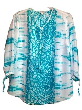 Tribal Sheer Floral Tunic in Teal Green/White Women’s Small